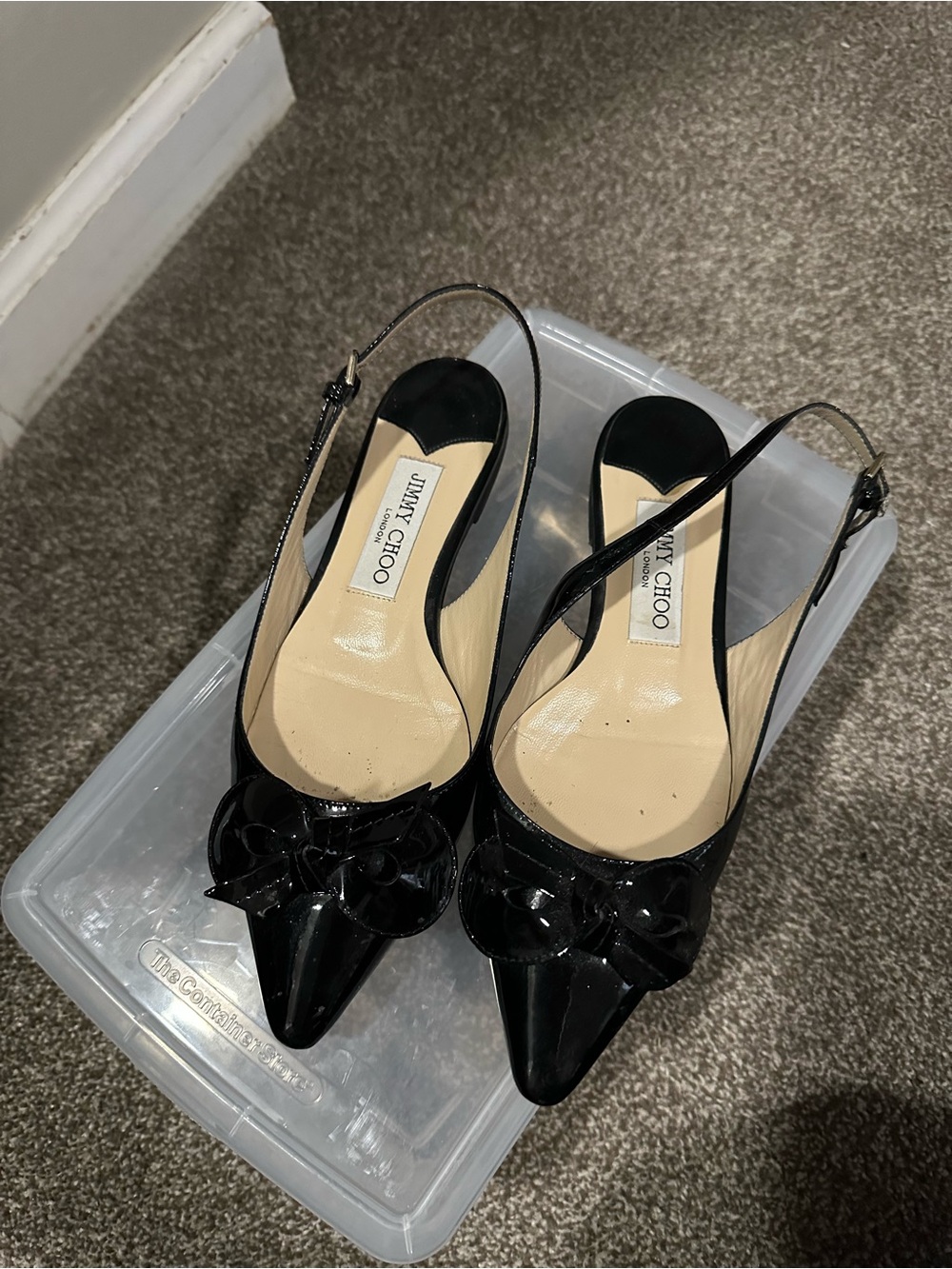 Jimmy Choo Black Patent Pointed Toe Slingback Pumps with Bow Detail